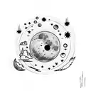 moon with clouds, small birds, and stars tattoo design idea