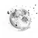 moon with clouds, small birds, and stars tattoo design idea