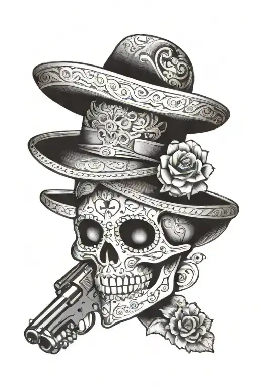 mexican sugar skull wearing sombrero and revolvers tattoo design idea