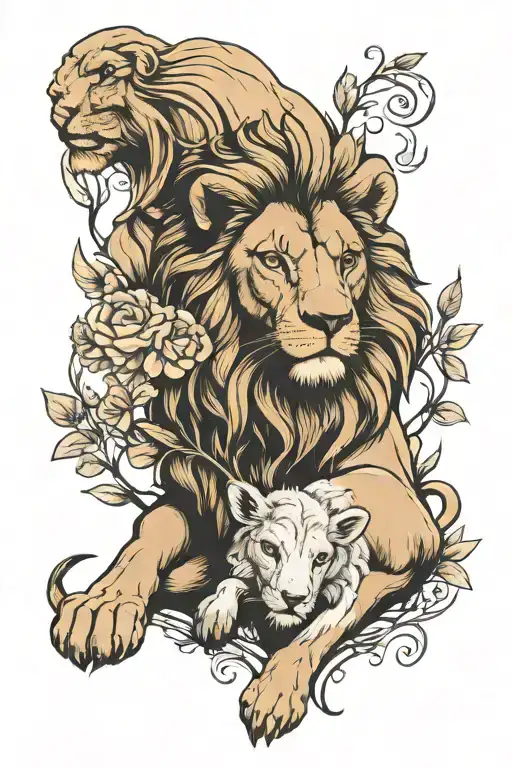 lion holding a lamb laying tattoo design idea