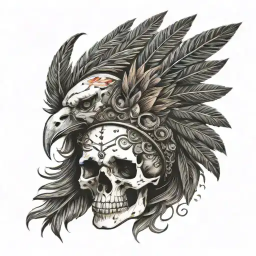 skull with headdress and a phoenix that blend into the headdress  tattoo design idea