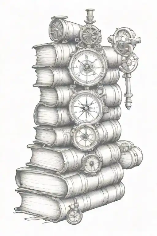 steampunk inspired stack of books with compass and monocular, marine tattoo design idea