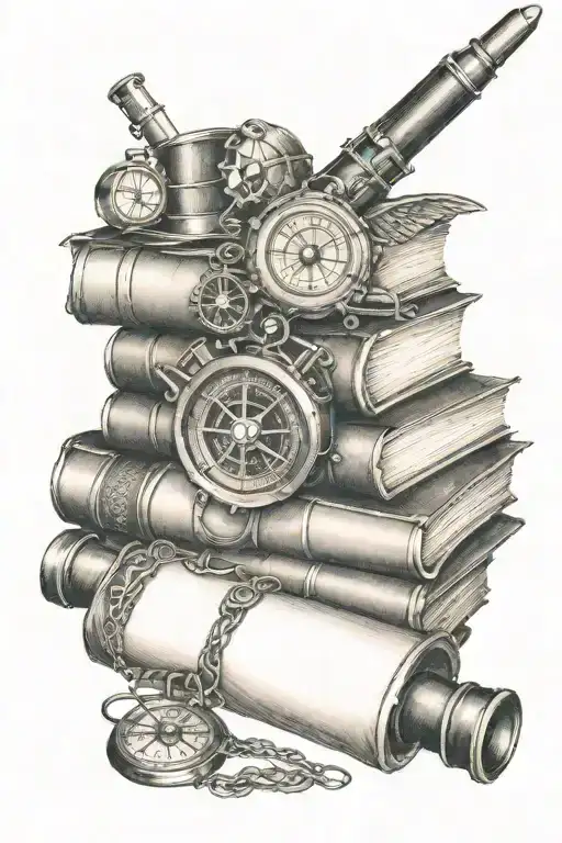steampunk inspired stack of books with compass and monocular  tattoo design idea