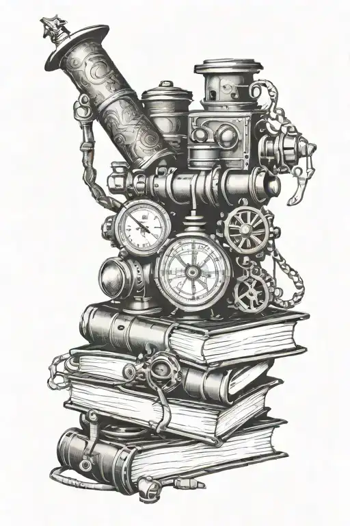 steampunk inspired stack of books with compass and monocular  tattoo design idea