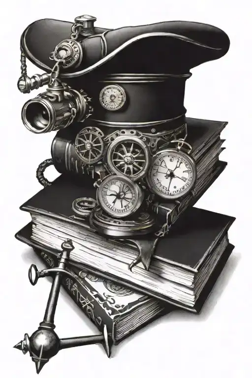 steampunk inspired stack of books with compass and monocular, marine based  tattoo design idea
