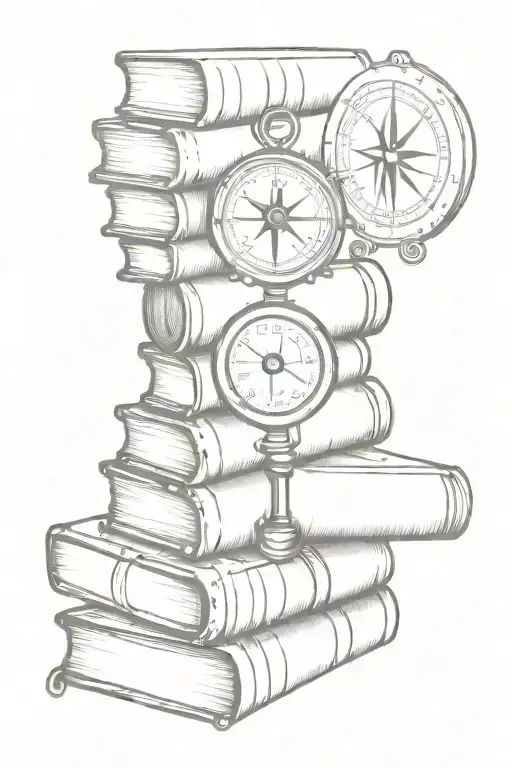 steampunk inspired stack of books with compass and monocular, marine tattoo design idea