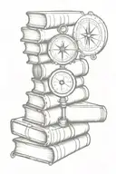steampunk inspired stack of books with compass and monocular, marine tattoo design idea