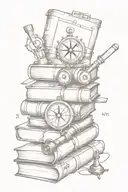 steampunk inspired stack of books with compass and monocular, marine tattoo design idea