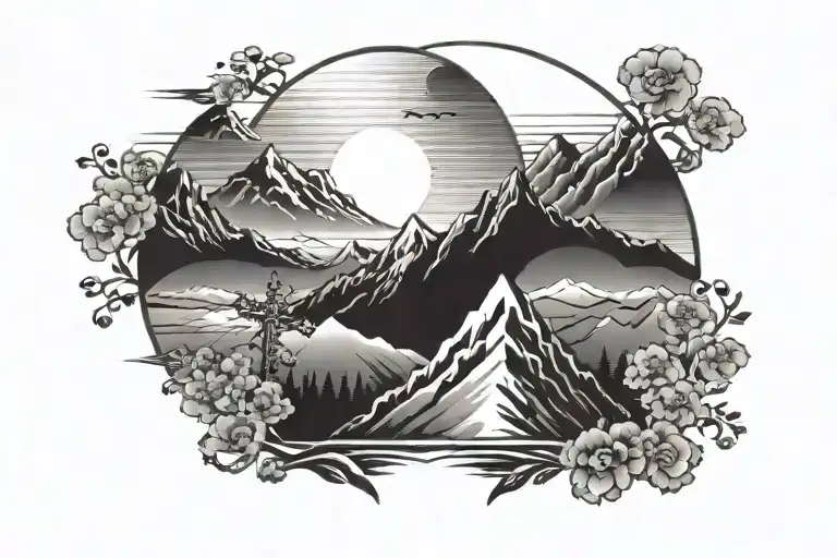Rising Sun over mountains with cross incorporated tattoo design idea