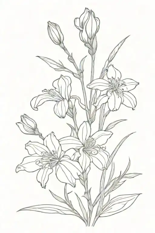 Violet, iris, honeysuckle, aster bouquet tattoo design idea