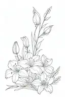 Violet, iris, honeysuckle, aster bouquet tattoo design idea