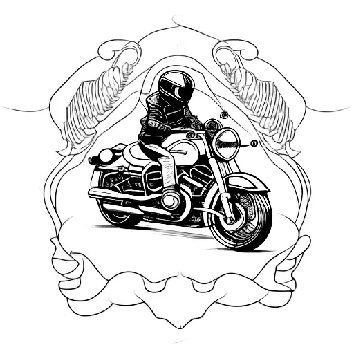 Motorcycle riding black cat, with a red helmet, frontal image. Red and black colors only.  tattoo design idea