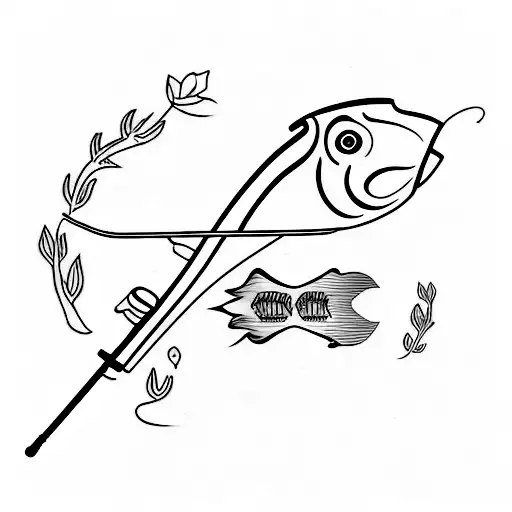 A minimalist tattoo of a fishing rod with the names of family members incorporated into the design tattoo design idea