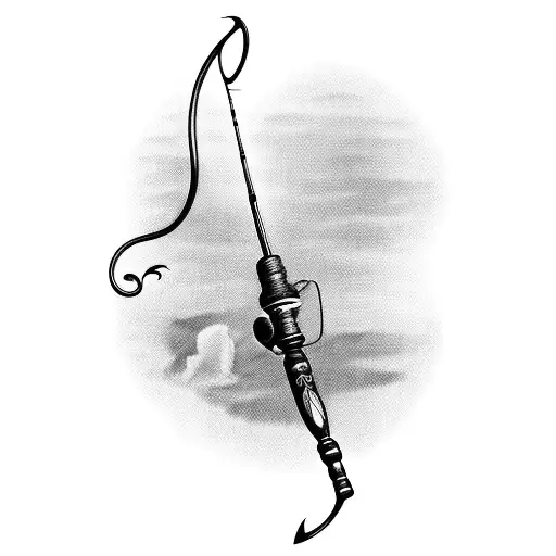 A blackwork tattoo of a fishing rod and reel with the words 'In memory of Grandpa' underneath tattoo design idea