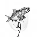A fishing hook with a heart-shaped bait, representing the love for family and fishing tattoo design idea