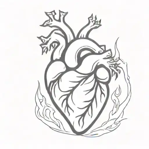 anatomic human Heart in flames tattoo design idea