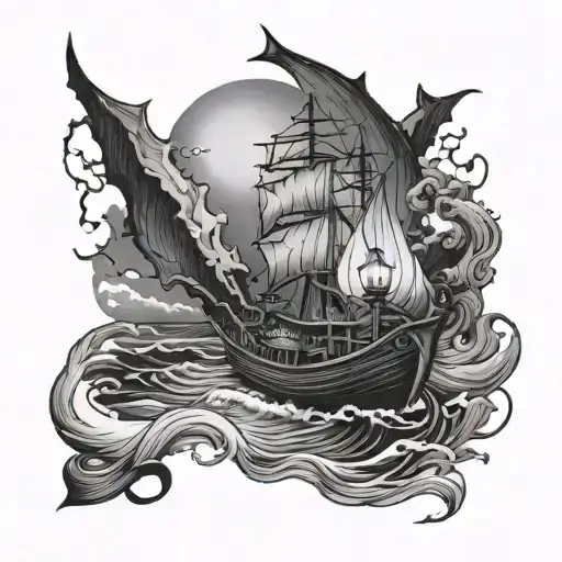 River Styx surrounded by darkness with the small boat lit by a lantern  tattoo design idea