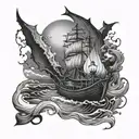 River Styx surrounded by darkness with the small boat lit by a lantern  tattoo design idea