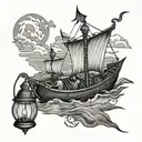River Styx surrounded by darkness with the small boat lit by a lantern  tattoo design idea