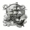 River Styx surrounded by darkness with the small boat lit by a lantern  tattoo design idea