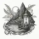 River Styx surrounded by darkness with the small boat lit by a lantern  tattoo design idea