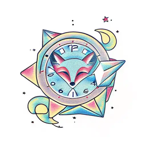 a fox, a paper plane, a princess, a clock, an heart, a star and the moon tattoo design idea