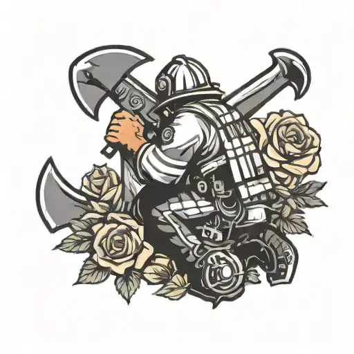 Firefighter kneeling with axe and christian cross with flowers tattoo design idea