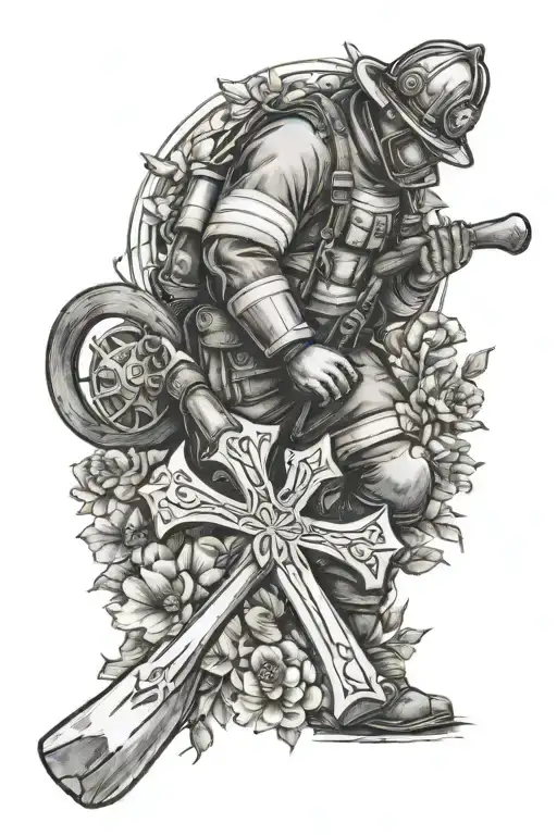 Firefighter kneeling with axe in hand before a christian cross surrounded by flowers tattoo design idea