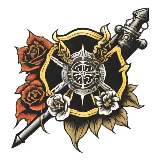 Firefighter and christian cross with flowers tattoo design idea