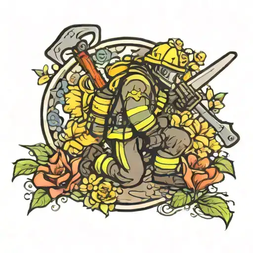 Firefighter kneeling with axe before a christian cross surrounded by flowers tattoo design idea