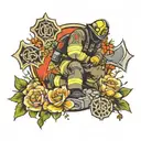 Firefighter kneeling with axe before a christian cross surrounded by flowers tattoo design idea