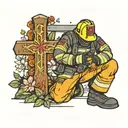 Firefighter kneeling with axe before a christian cross surrounded by flowers tattoo design idea