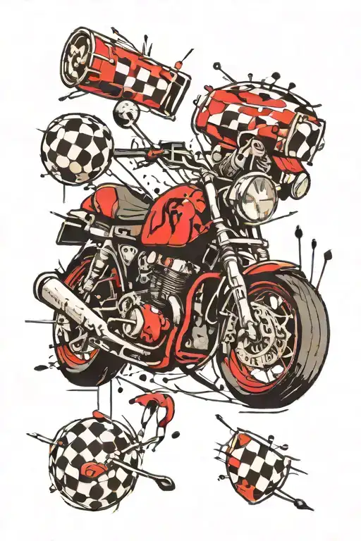 a tattoo that includes some reference to rock'n'roll (something from the band Foo Fighters), football, chess, motorcycle tattoo design idea