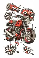 a tattoo that includes some reference to rock'n'roll (something from the band Foo Fighters), football, chess, motorcycle tattoo design idea
