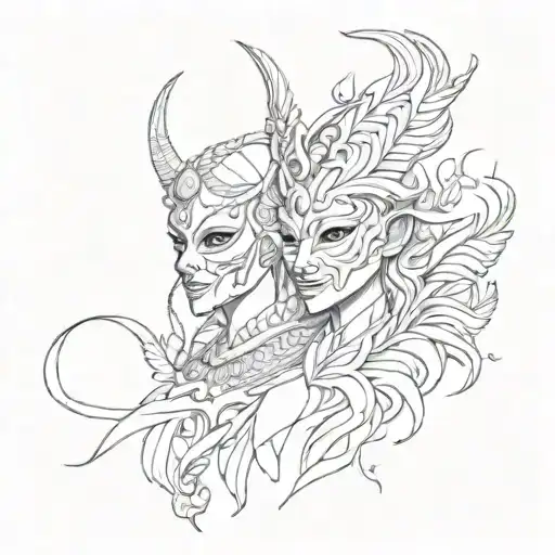 A Brasilian carnival scene with 3D printed masks and magical creatures dancing around tattoo design idea