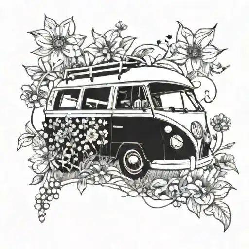 A blackwork tattoo of a campervan driving through a field of blooming flowers, with a magical aura surrounding it tattoo design idea