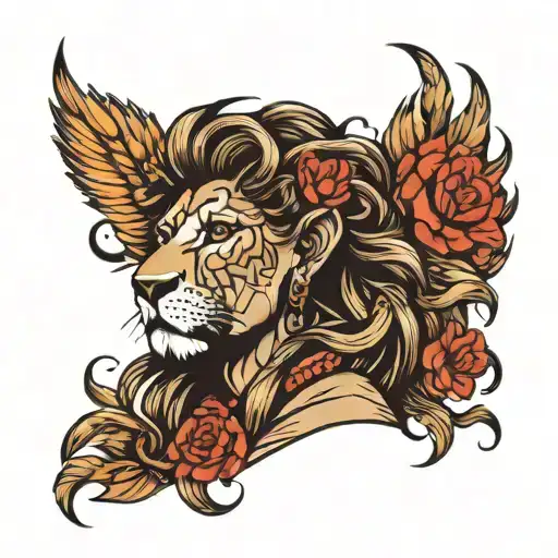 lion and women face made tattoo design idea
