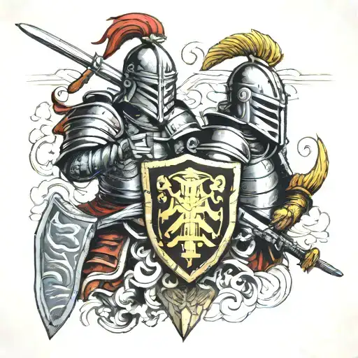 Knights with sword and shield with cool helmets tattoo design idea