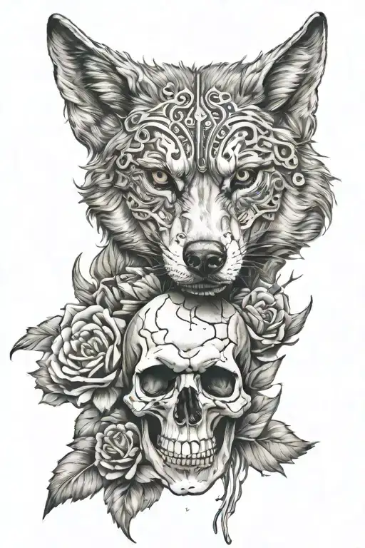 skull and wolf tattoo design idea