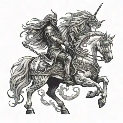 death knight and unicorn riding tattoo design idea
