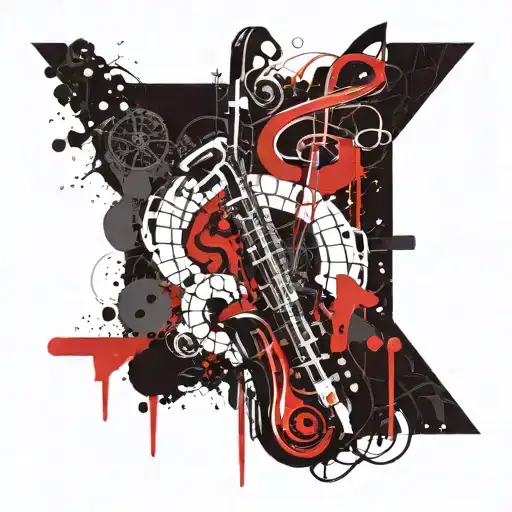 clef in trash polka style im the colours black and red, surrounded by some geometrical shapes like squares circles lines tattoo design idea