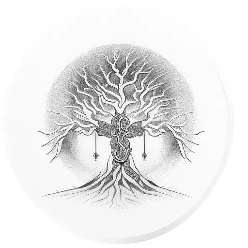 tree of life with half buddha face and word maktub tattoo design idea