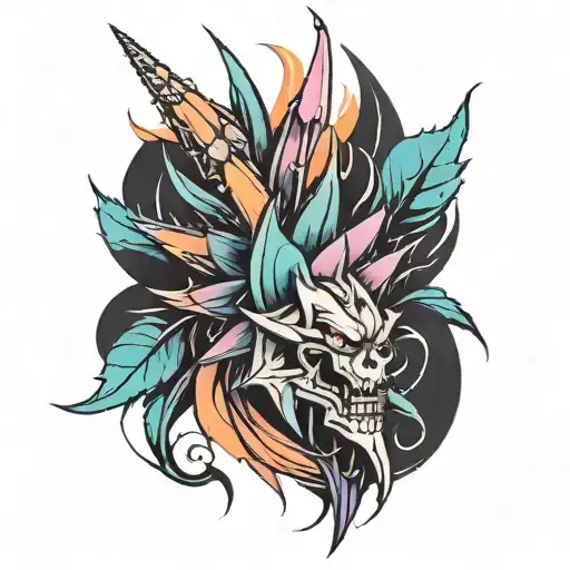 full arm sleeve, thorns, spikes, negative space, black, pink, orange, purple, teal tattoo design idea