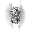 A steampunk-inspired mechanical arm with gears and pistons tattoo design idea