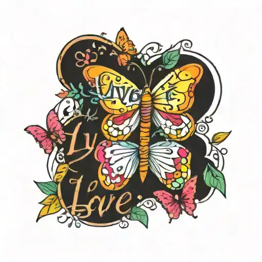 A whimsical design combining the words 'live laugh love' with colorful butterflies and a cross, symbolizing faith and positivity tattoo design idea