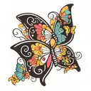 A whimsical design combining the words 'live laugh love' with colorful butterflies and a cross, symbolizing faith and positivity tattoo design idea