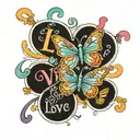 A whimsical design combining the words 'live laugh love' with colorful butterflies and a cross, symbolizing faith and positivity tattoo design idea