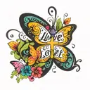 A whimsical design combining the words 'live laugh love' with colorful butterflies and a cross, symbolizing faith and positivity tattoo design idea