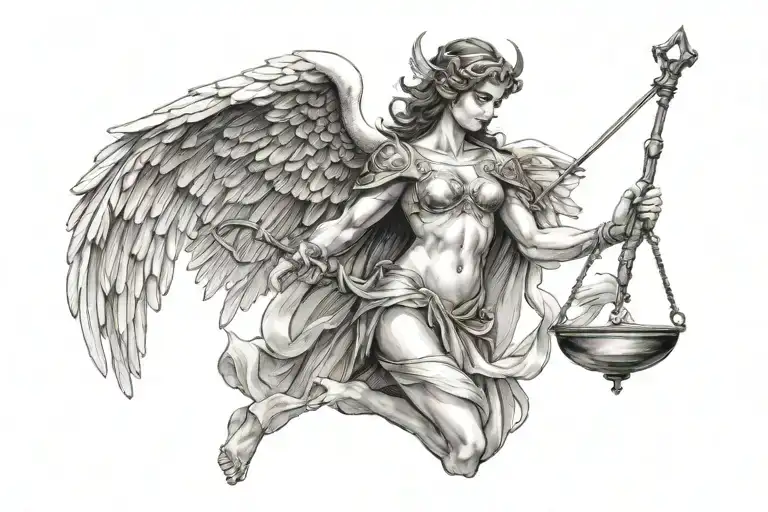 angel warrior holding libra scale tattoo design idea