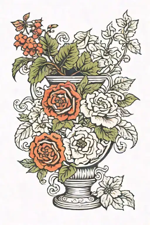 vase, flowers, ivy, god tattoo design idea